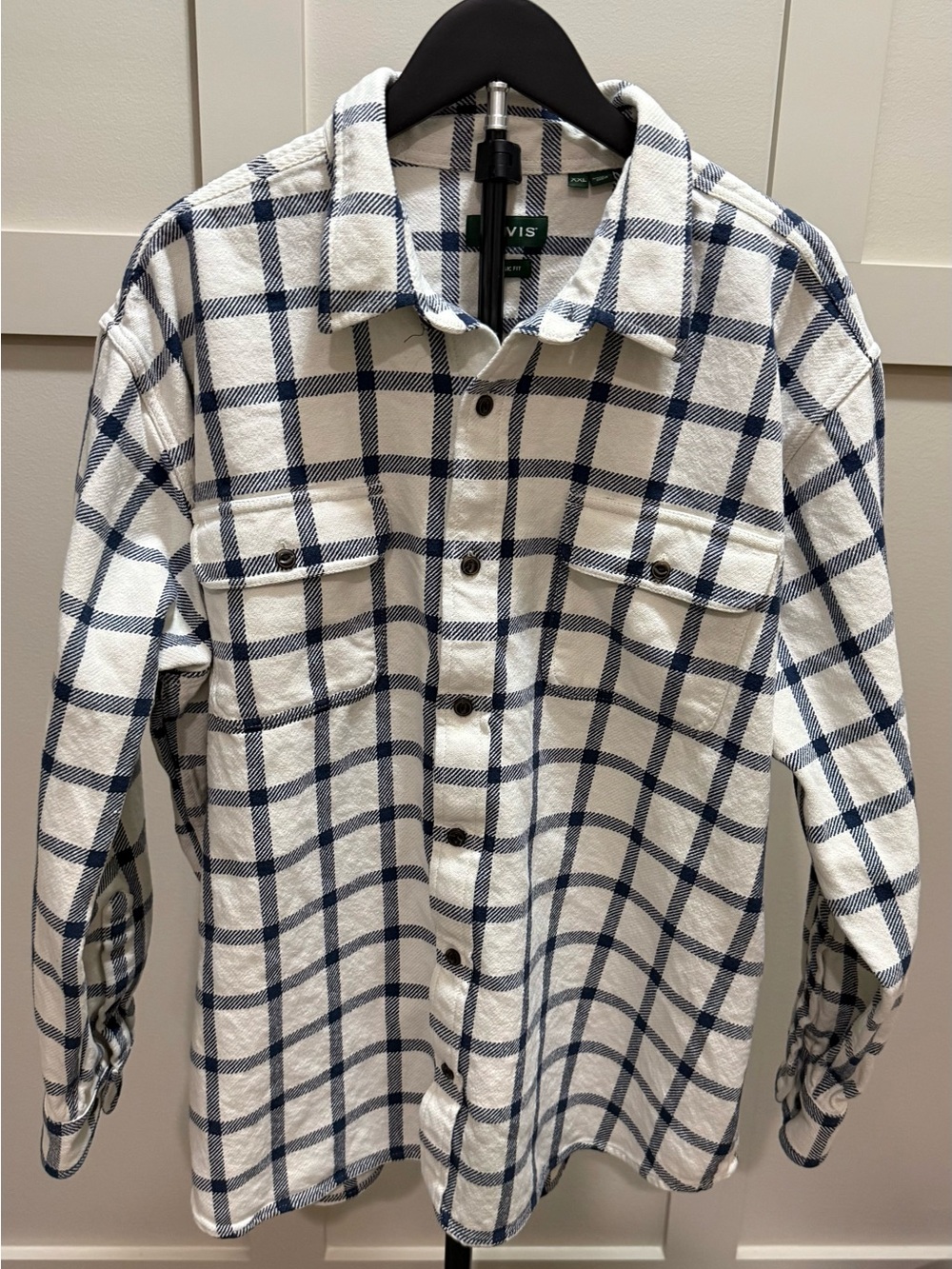 Orvis Men's Cream and Navy Plaid Button-Up Shirt
